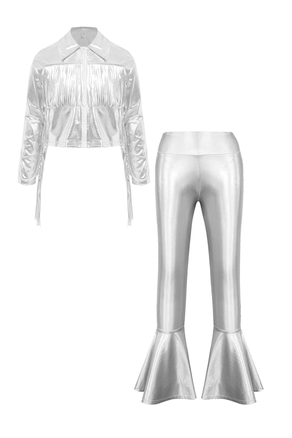 Girls Jazz Dance Outfits Long Sleeve Sequin Tassels Jacket Bell-bottom Metallic Pants for Performance Silver 6