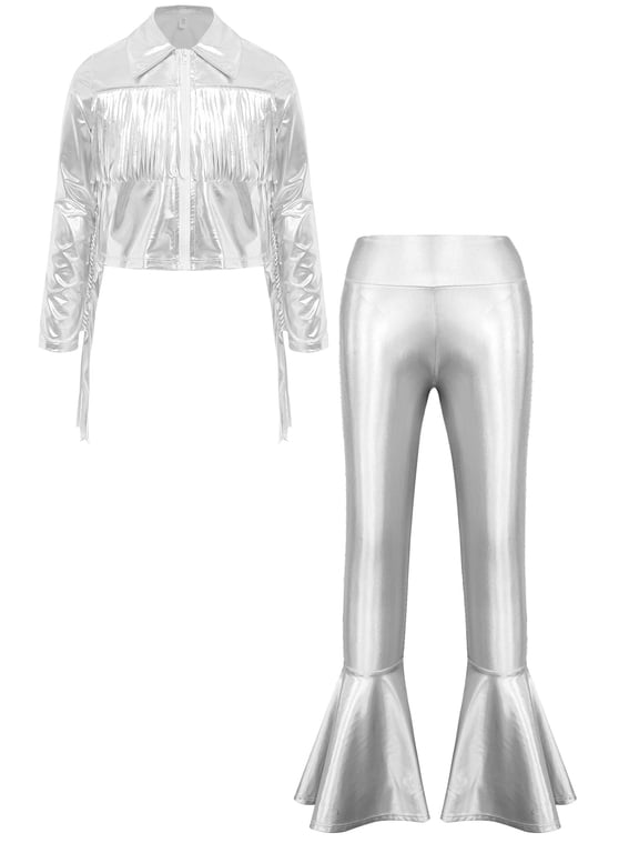Girls Jazz Dance Outfits Long Sleeve Sequin Tassels Jacket Bell-bottom Metallic Pants for Performance Silver 6