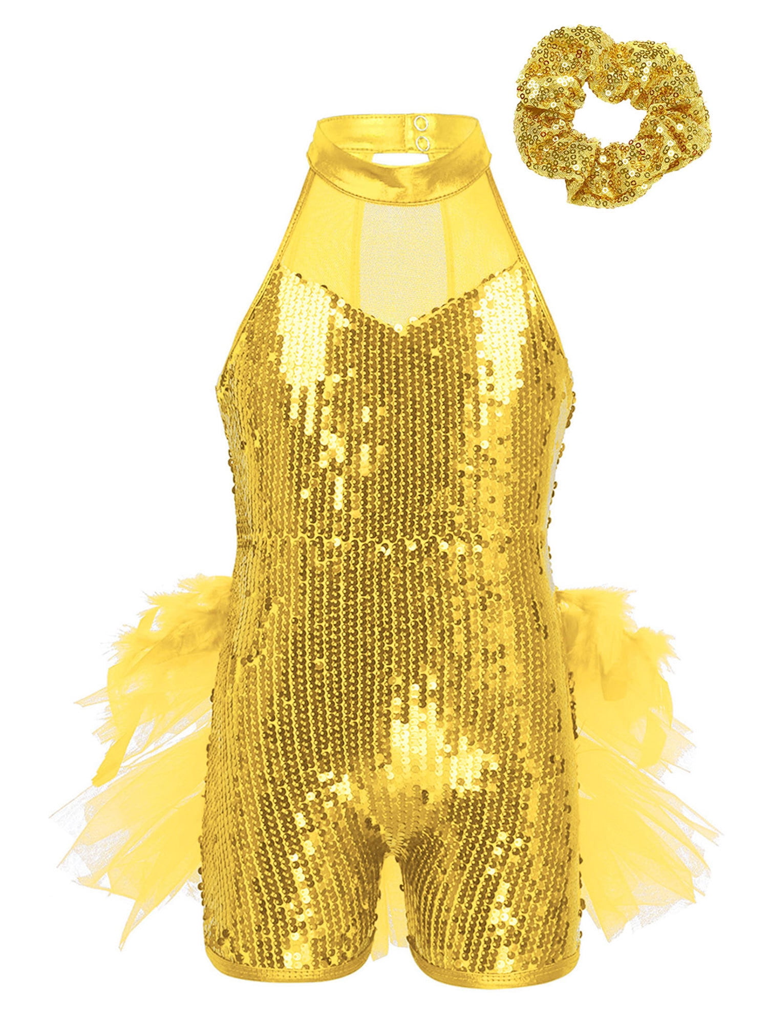 inlzdz Girls Jazz Latin Dance Costume Sequins Shiny Leotard Dress with