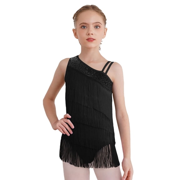 inlzdz Girls Latin Fringed Dance Leotard Tassel Jazz Bodysuit Sparkly Rumba Salsa Tango Dancewear Black 10