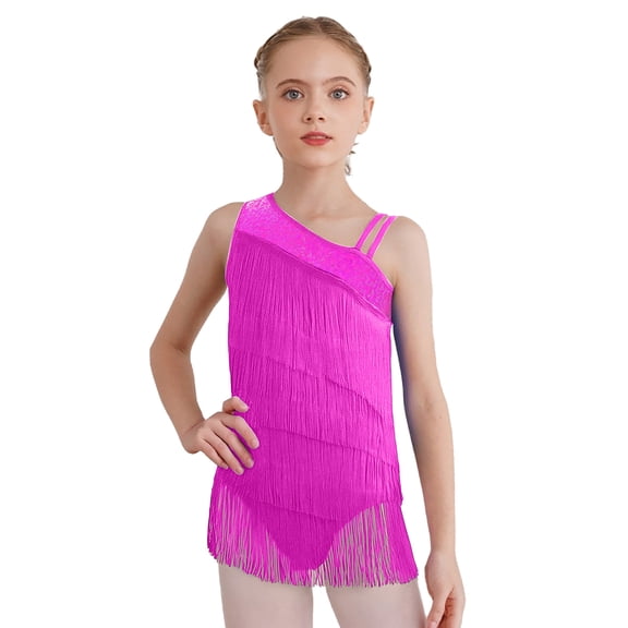 inlzdz Girls Latin Fringed Dance Leotard Tassel Jazz Bodysuit Sparkly Rumba Salsa Tango Dancewear Hot Pink 10