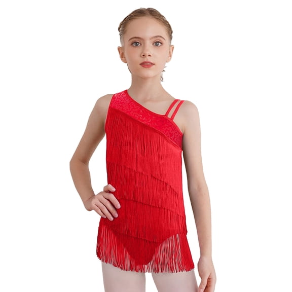 inlzdz Girls Latin Fringed Dance Leotard Tassel Jazz Bodysuit Sparkly Rumba Salsa Tango Dancewear Red 10