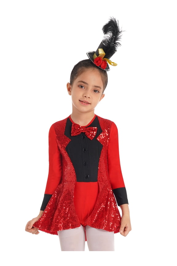 Girls Long Sleeve Bowtie Tuxedo Leotard Skirt Sequin Party Dance Dress Halloween Ringmaster Red 12