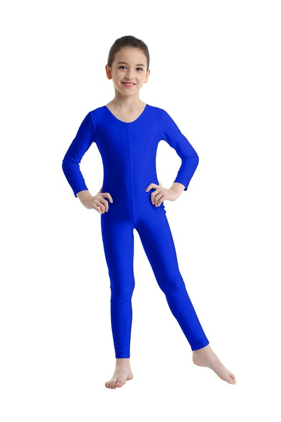 Girls Long Sleeve Leotard Catsuit Full Body Unitard Dancewear Gymnastics Dance Jumpsuit Royal Blue 5-6
