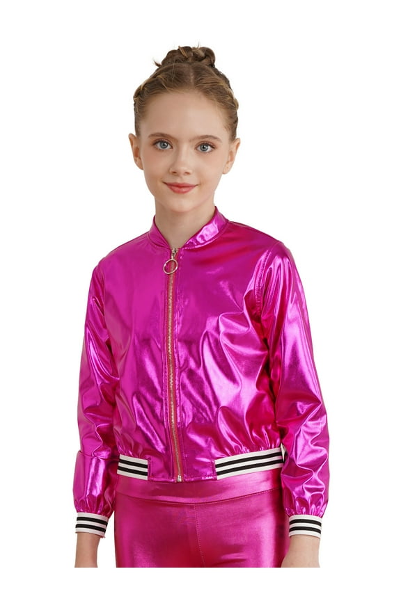 Girls Long Sleeve Metallic Bomber Jacket Coat for Hip Hop Jazz Street Dance Top Party Costume Rose 14