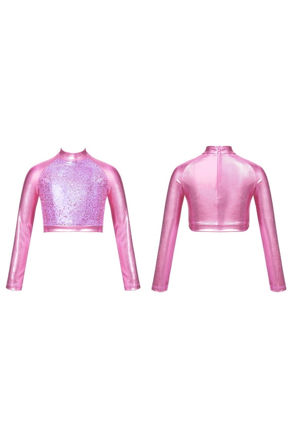 Girls Long Sleeve Mock Neck Sequins Hip Hop Jazz Dance Crop Top Athletic Gymnastics Shirt Pink 6