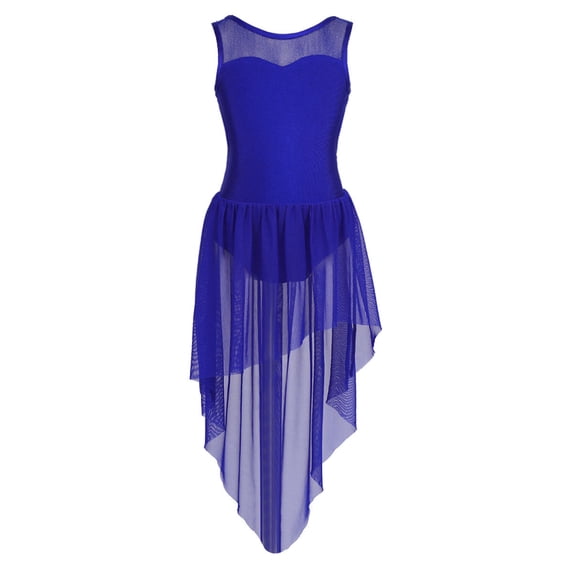 inlzdz Girls Lyrical Contemporary Ballet Dance Leotard Dress Layer High-low Hem Tulle Skirt Blue 10