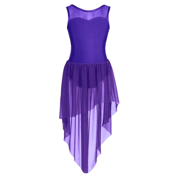 inlzdz Girls Lyrical Contemporary Ballet Dance Leotard Dress Layer High-low Hem Tulle Skirt Purple 10