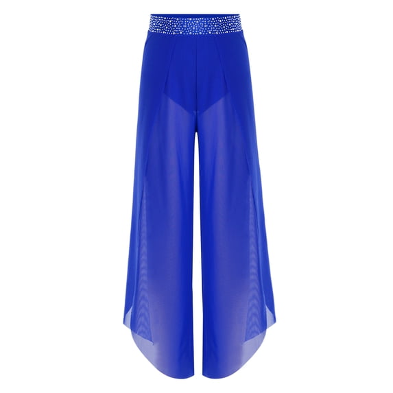 inlzdz Girls Lyrical Dance Pants Rhinestone Flowy Mesh Side Slit Wide Leg Figure Skating Ballet Dance Trousers Blue 10