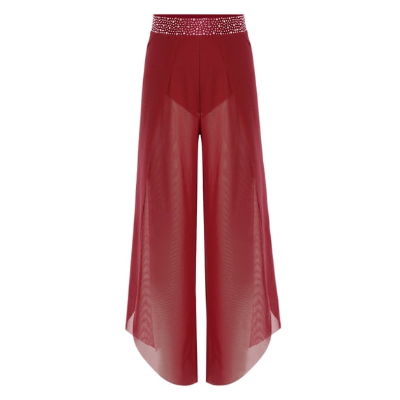 inlzdz Girls Lyrical Dance Pants Rhinestone Flowy Mesh Side Slit Wide Leg Figure Skating Ballet Dance Trousers Burgundy 14