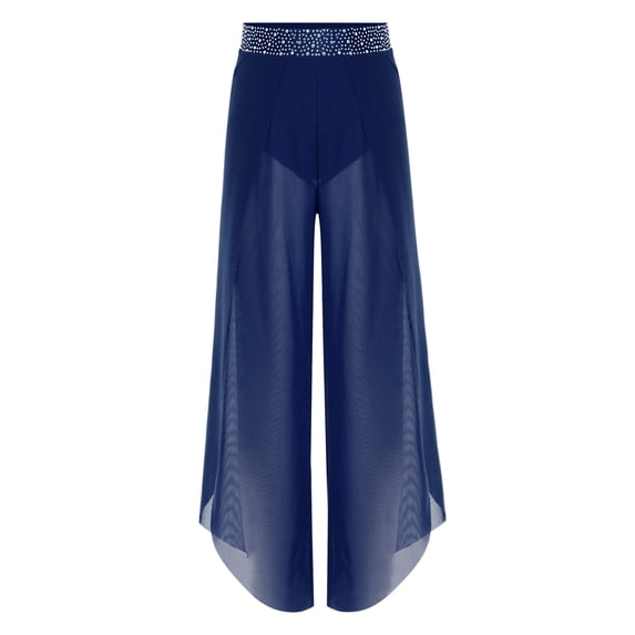 inlzdz Girls Lyrical Dance Pants Rhinestone Flowy Mesh Side Slit Wide Leg Figure Skating Ballet Dance Trousers Navy Blue 16