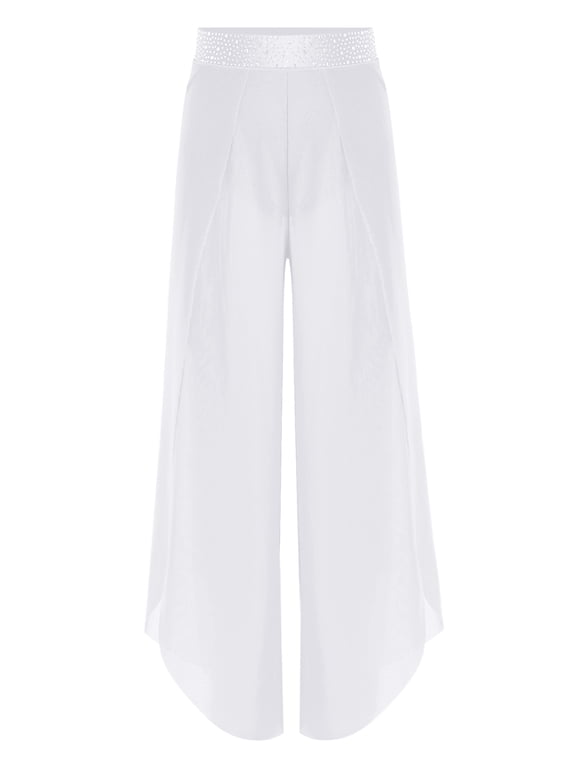 Girls Lyrical Dance Pants Rhinestone Flowy Mesh Side Slit Wide Leg Figure Skating Ballet Dance Trousers White 8