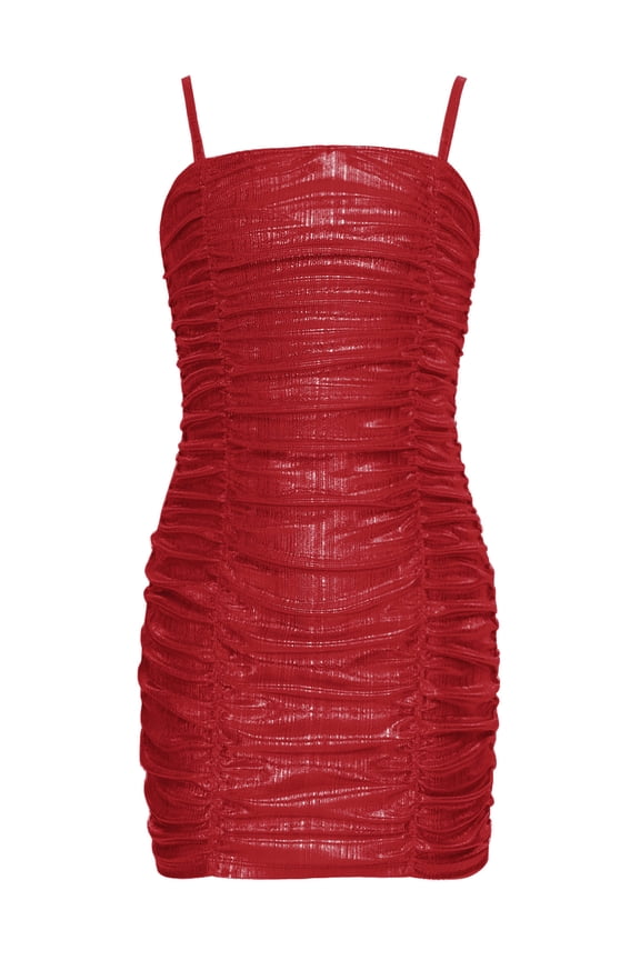 Girls Metallic Formal Dress Spaghetti Strap Bodycon Ruched School Dance Graduation Fancy Dress Red 10