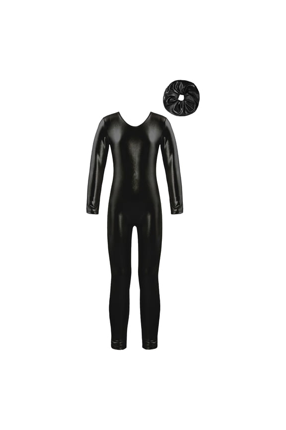 Girls Metallic Full Body Unitard Long Sleeve Holographic Dance Gymnastic Skating Bodysuit Black 8