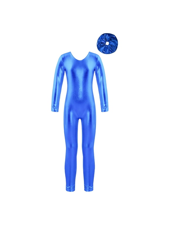 Girls Metallic Full Body Unitard Long Sleeve Holographic Dance Gymnastic Skating Bodysuit Royal Blue 8