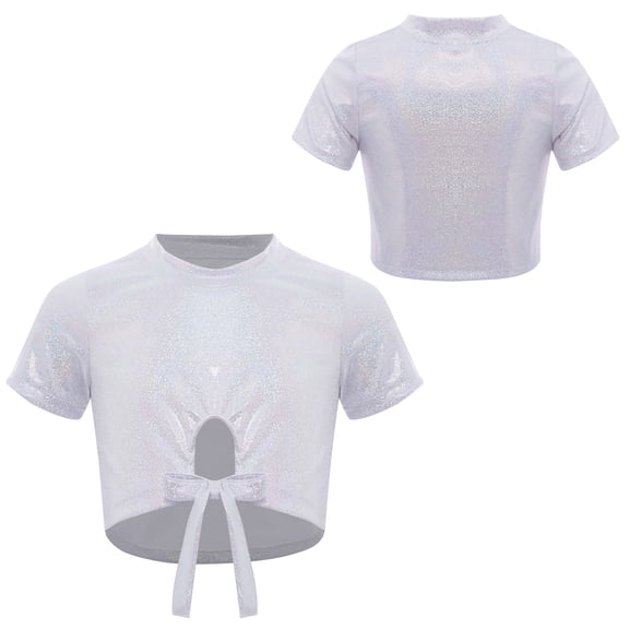 inlzdz Girls Metallic Shiny Hip Hop Jazz Dance Crop Top Performance Glitter T-Shirt Disco Party Dancewear White 100