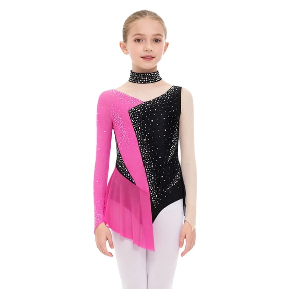 inlzdz Girls Mock Neck Long Sleeve Shiny Figure Skating Dress Ballet Skirted Leotard Lyrical Dancewear Light Hot Pink 10