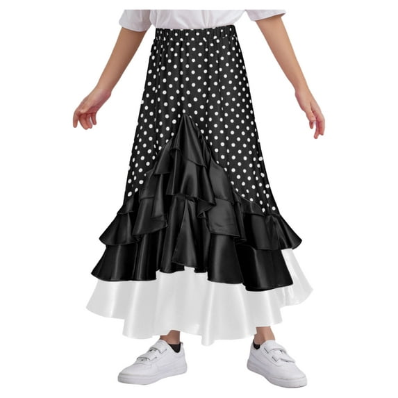 inlzdz Girls Polka Dot Ruffle Ballroom Skirts Spanish Long Skirt for Flamenco Belly Dance Performance Black 14