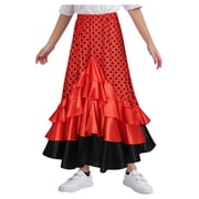 inlzdz Girls Polka Dot Ruffle Ballroom Skirts Spanish Long Skirt for Flamenco Belly Dance Performance Red 12
