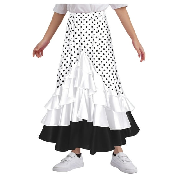 inlzdz Girls Polka Dot Ruffle Ballroom Skirts Spanish Long Skirt for Flamenco Belly Dance Performance White 16