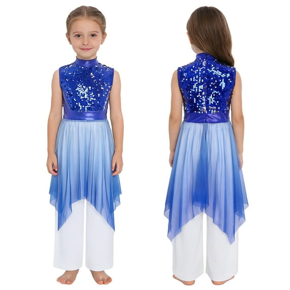 inlzdz Girls Praise Dance Outfits Glittery Worship Tunic Overlay Dress with Palazzo Pants Liturgical Dancewear Blue 6