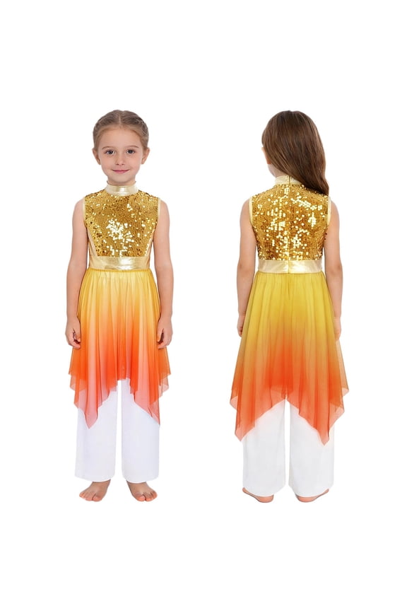 Girls Praise Dance Outfits Glittery Worship Tunic Overlay Dress with Palazzo Pants Liturgical Dancewear Gold 10