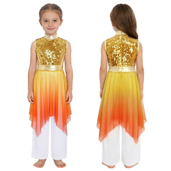 inlzdz Girls Praise Dance Outfits Glittery Worship Tunic Overlay Dress with Palazzo Pants Liturgical Dancewear Gold 8