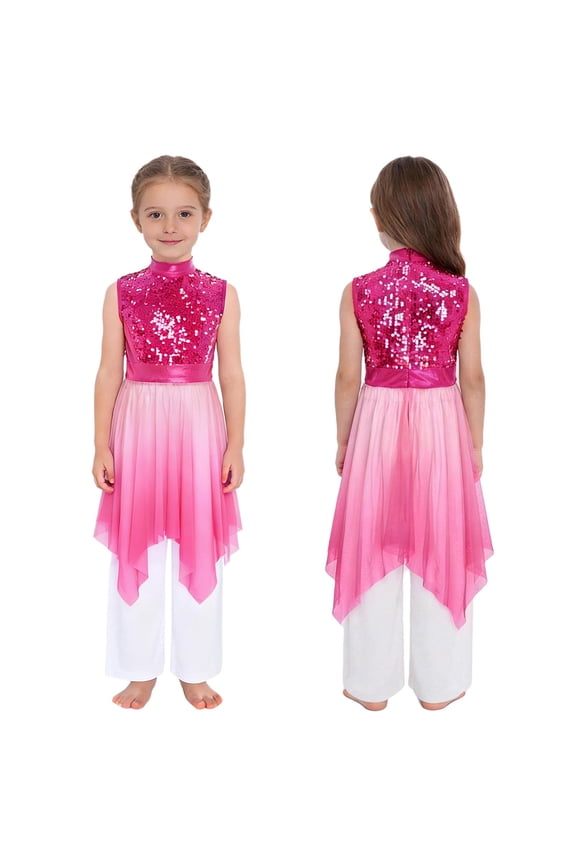Girls Praise Dance Outfits Glittery Worship Tunic Overlay Dress with Palazzo Pants Liturgical Dancewear Hot Pink 10