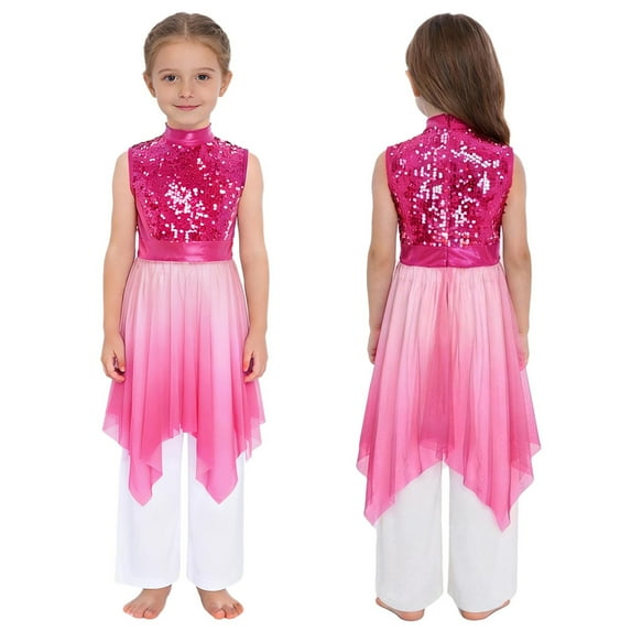 inlzdz Girls Praise Dance Outfits Glittery Worship Tunic Overlay Dress with Palazzo Pants Liturgical Dancewear Hot Pink 14