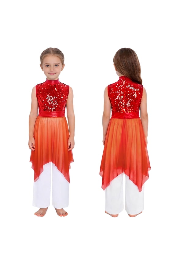 Girls Praise Dance Outfits Glittery Worship Tunic Overlay Dress with Palazzo Pants Liturgical Dancewear Red 8