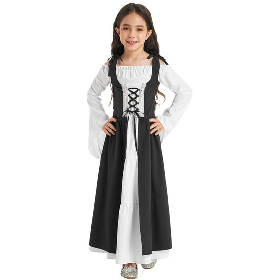 inlzdz Girls Renaissance Medieval Dress Long Sleeve Vitorian Maxi Dress Theme Party Ball Growns Black 16