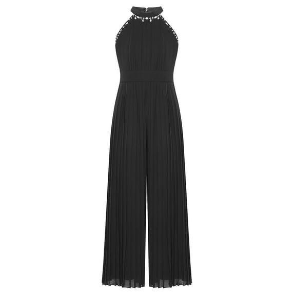 inlzdz Girls Rhinestone Pleated Halter Jumpsuit Sparkly Romper Prom Party Bodysuit Playsuit Dance Black 12