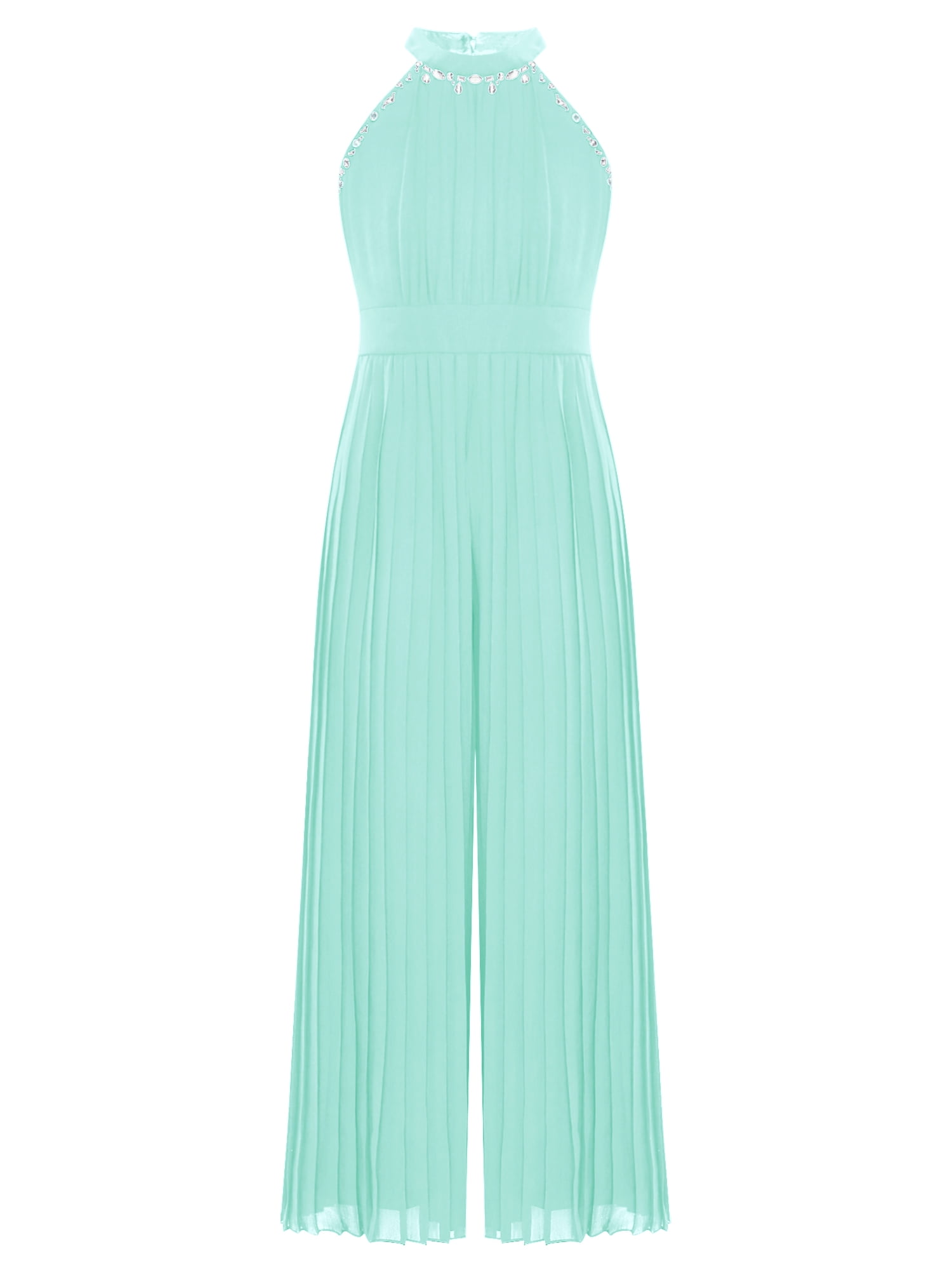 inlzdz Girls Rhinestone Pleated Halter Jumpsuit Sparkly Romper Prom ...