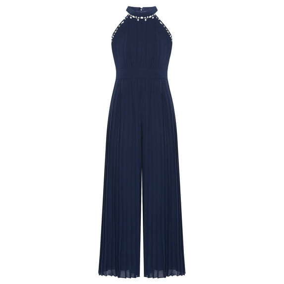 inlzdz Girls Rhinestone Pleated Halter Jumpsuit Sparkly Romper Prom Party Bodysuit Playsuit Dance Navy Blue 12