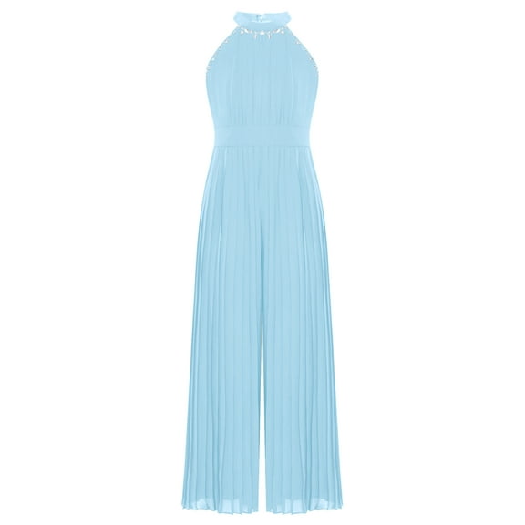 inlzdz Girls Rhinestone Pleated Halter Jumpsuit Sparkly Romper Prom Party Bodysuit Playsuit Dance Sky Blue 8