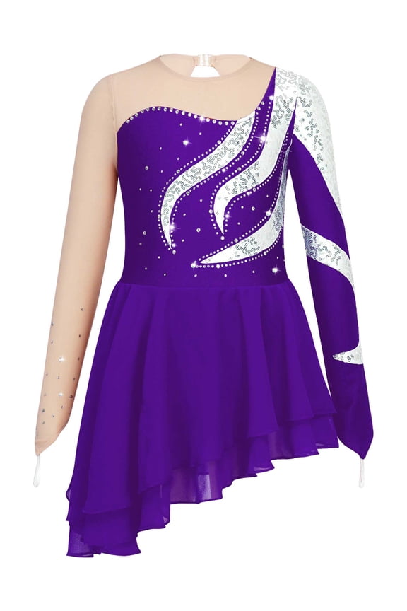 Girls Rhinestone Sequin Long Sleeve Figure Ice Roller Skating Dress Dance Gymnastic Leotard Light Green 14