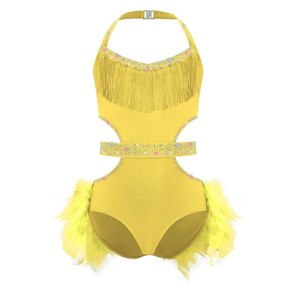 inlzdz Girls Rhinestone Sleeveless Ballet Skirted Bodysuit Feather Jazz Latin Dance Performance Leotard Yellow 10