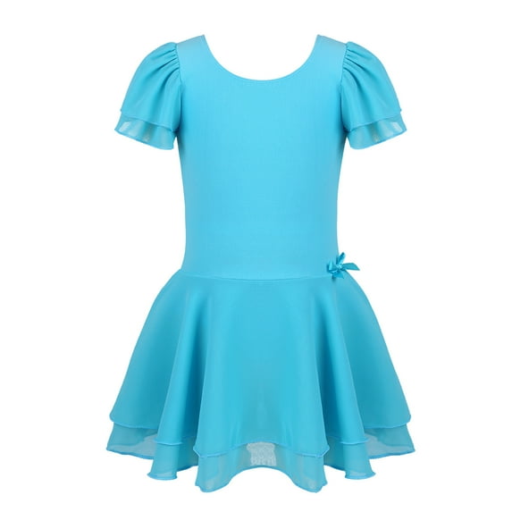 inlzdz Girls Ruffle Short Sleeve Ballet Dress One Piece Tank Leotard Team Competition Dancewear Blue 5-6