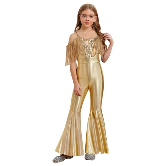 inlzdz Girls Sequin Fringe Romper Sparkly Glitter Metallic Flared Jumpsuit Disco Birthday Dance Outfit Gold 14