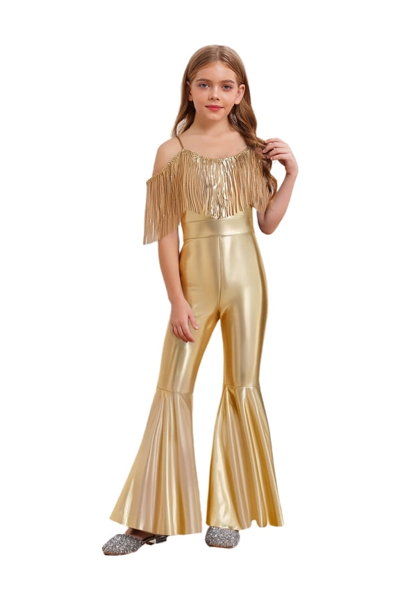 Girls Sequin Fringe Romper Sparkly Glitter Metallic Flared Jumpsuit Disco Birthday Dance Outfit Gold 6