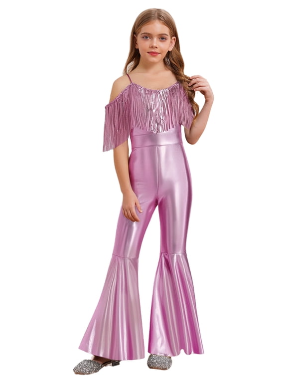 Girls Sequin Fringe Romper Sparkly Glitter Metallic Flared Jumpsuit Disco Birthday Dance Outfit Pink 8