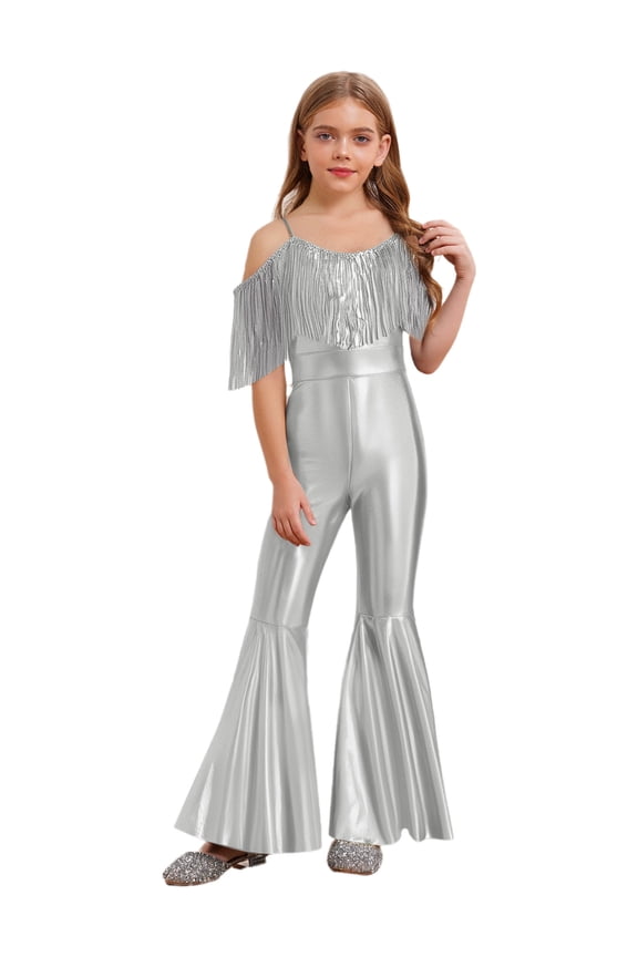 Girls Sequin Fringe Romper Sparkly Glitter Metallic Flared Jumpsuit Disco Birthday Dance Outfit Silver 6