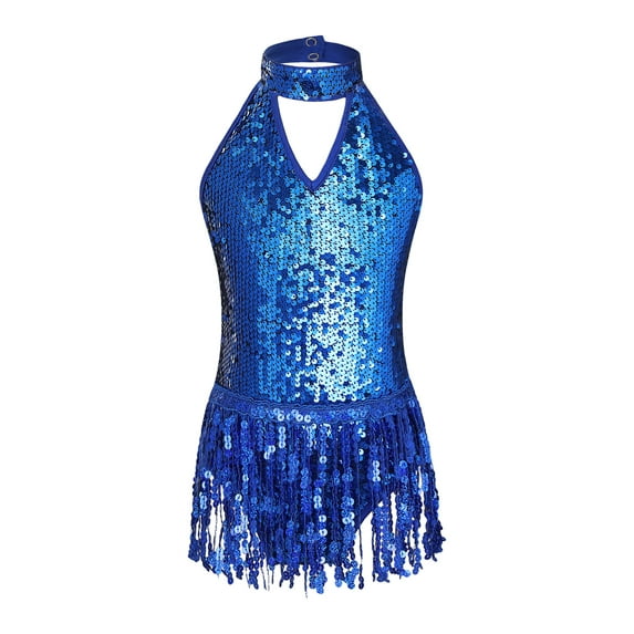 inlzdz Girls Sequin Latin Dance Dress Halter Jazz Rumba Belly Dance Costume Tassel Leotard Dancewear Royal Blue 14