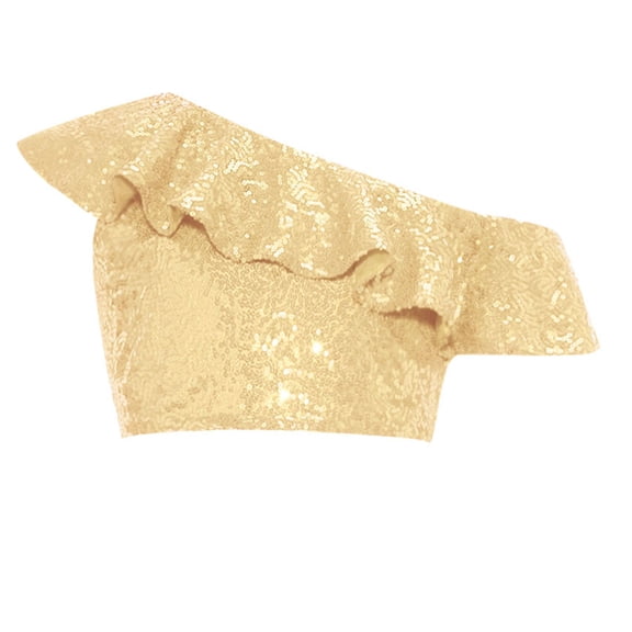 inlzdz Girls Sequin Ruffle Crop Top Sparkly One Shoulder Latin Jazz Modern Dance Cami Tank Tops Gold 8