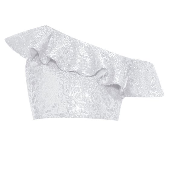 inlzdz Girls Sequin Ruffle Crop Top Sparkly One Shoulder Latin Jazz Modern Dance Cami Tank Tops Silver 8