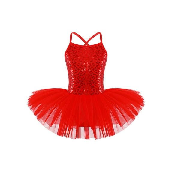inlzdz Girls Sequined Ballet Tutu Dress Gymnastic Leotard Skirted Ballerina Glittery Dance Costume Red 4-5