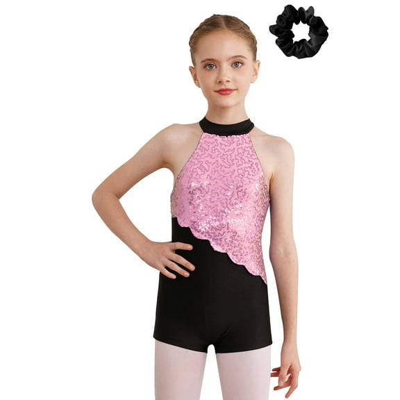 inlzdz Girls Sequined Halter Ballet Leotards for Gymnastics Bodysuit Hip Hop Jazz Dance Costume Pink&Black 10
