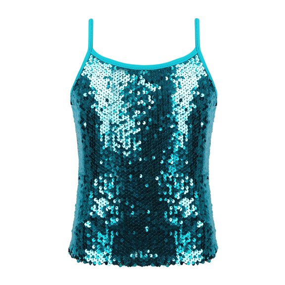 inlzdz Girls Sequined Spaghetti Shoulder Straps Crop Tops Hip Hop Jazz Dance Camisole Shirt Dancewear Lake Blue 16