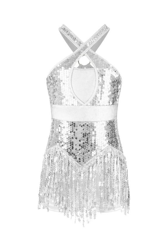 Girls Sequined Tassel Dance Leotard for Womens Shiny Jazz Latin Tango Fringe Dress Costume Silver 10