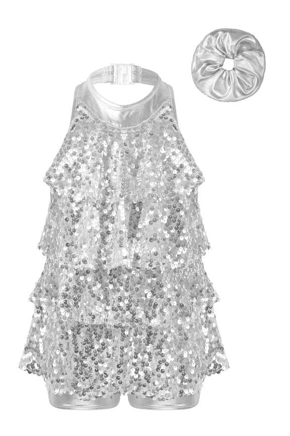 Girls Sequins Dance Leotard Dress with Headbands Set Jazz Latin Rumba Samba Dance Costume Silver 8